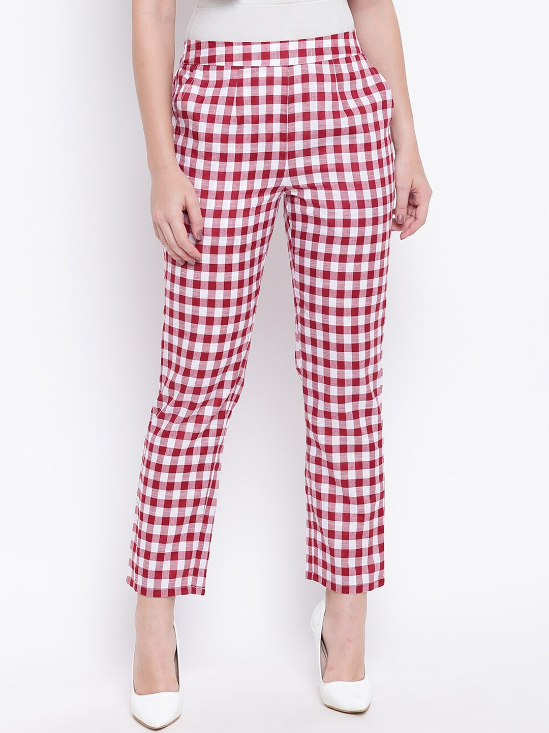 

Be Indi Women Checked Cotton Cigarette Trousers, Maroon