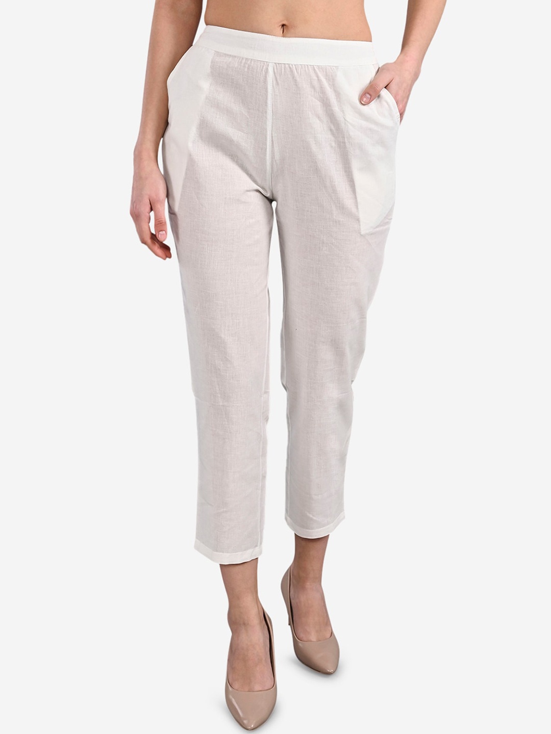 

Be Indi Women Straight Fit Cotton Cigarette Trousers, White