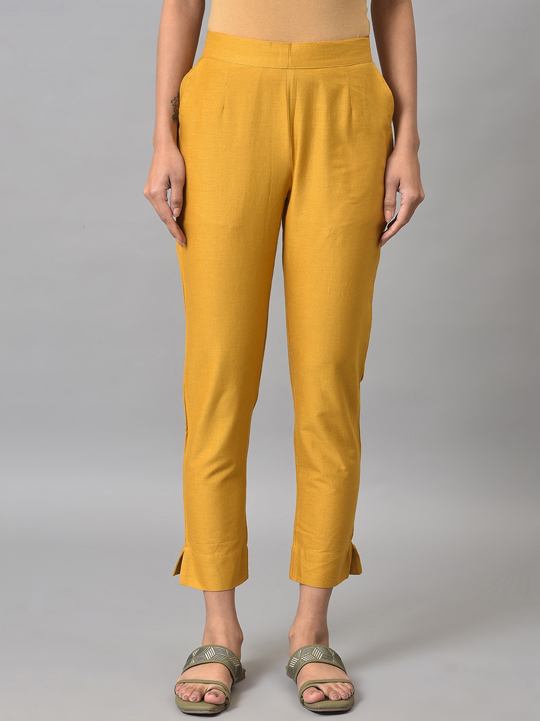 

elleven Women Cotton Cigarette Trousers, Yellow