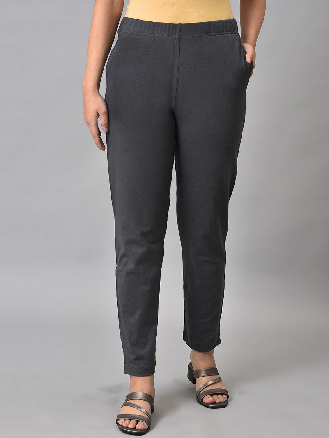 

elleven Women Cotton Regular Fit Trousers, Grey