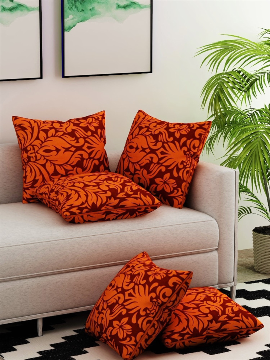 

Salona Bichona Gulmohar Orange & Maroon 5Pc Ethnic Motifs Print Pure Cotton Cushion Covers