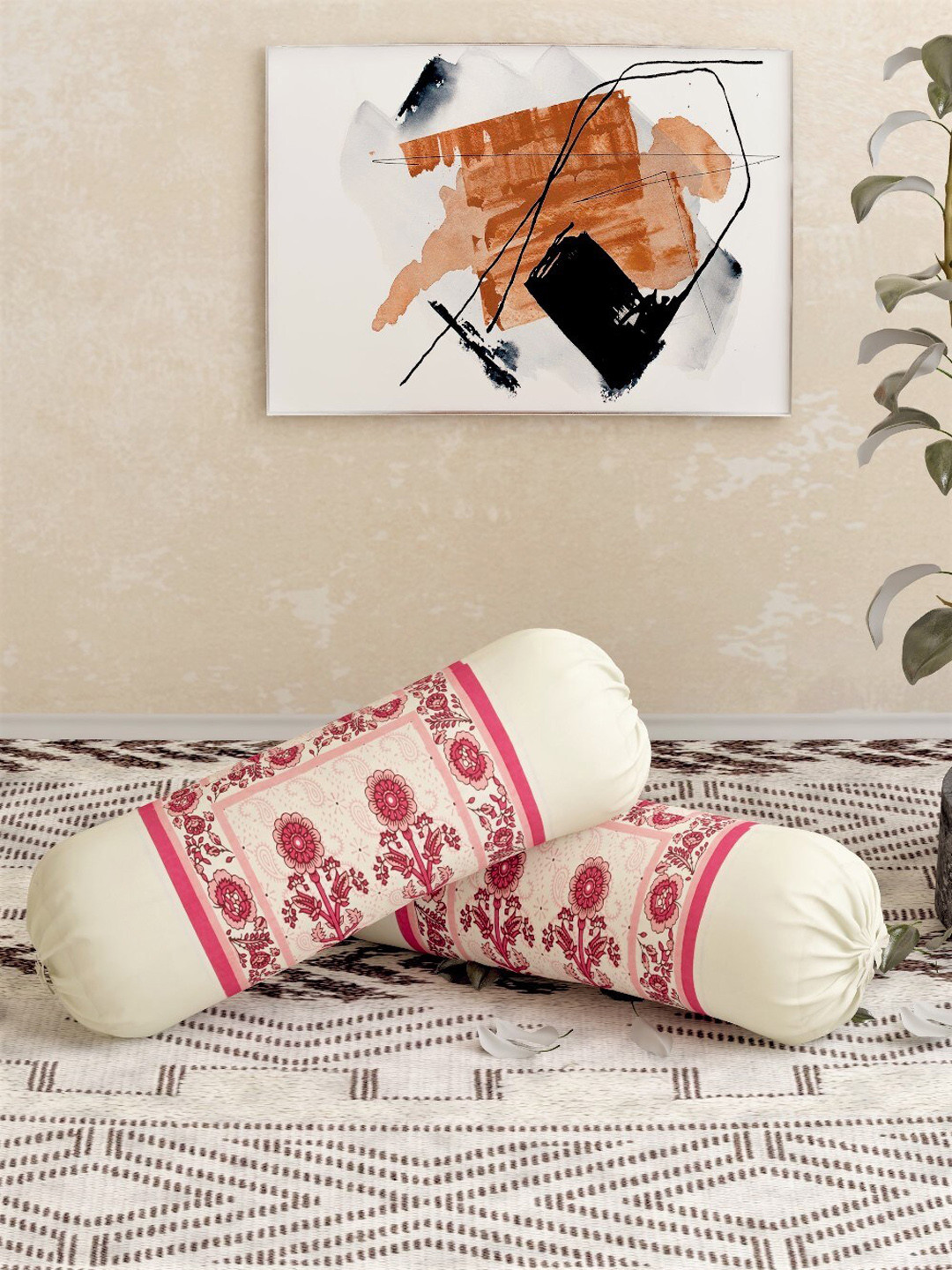 

Salona Bichona Jaipuri Off White & Pink 2Pc Ethnic Motif Pure Cotton 120TC Bolster Covers