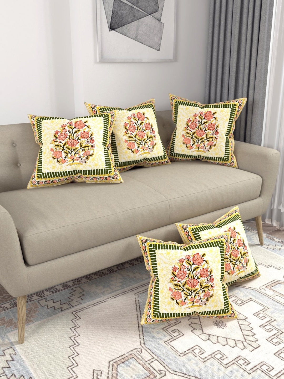 

Salona Bichona Jaipuri Yellow & Green 5 Pcs Floral Pure Cotton Square Cushion Covers