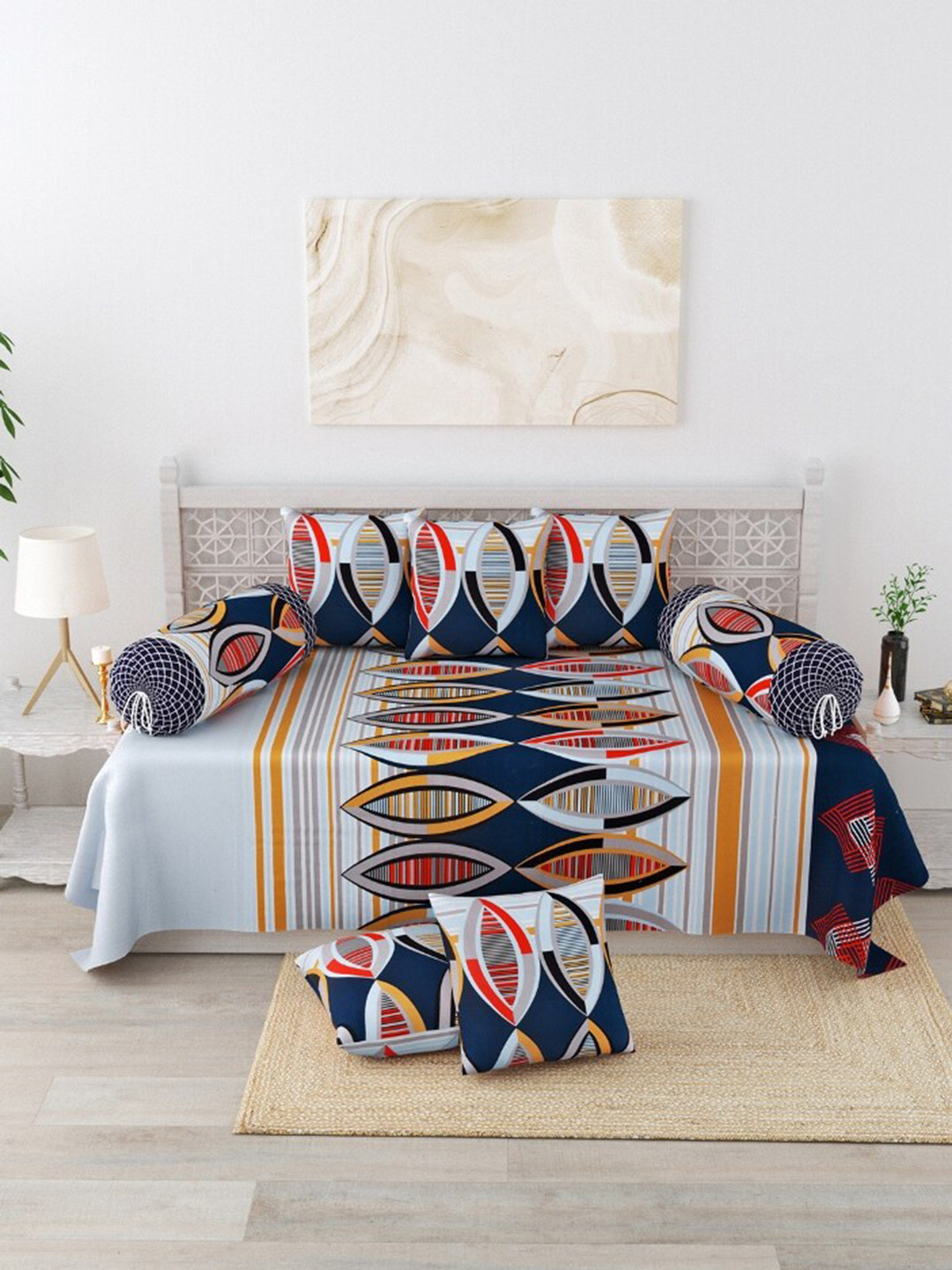 

Salona Bichona Gulmohar Navy Blue & Red 8 Pieces Printed Pure Cotton 120TC Diwan Set
