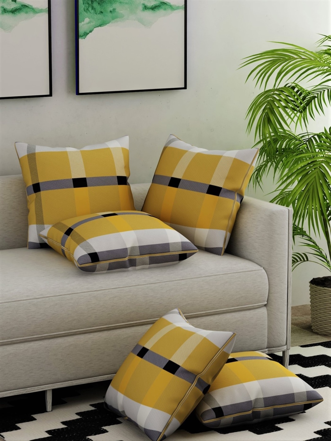 

Salona Bichona Impression Yellow & White 5 Pcs Geometric Square Cushion Covers
