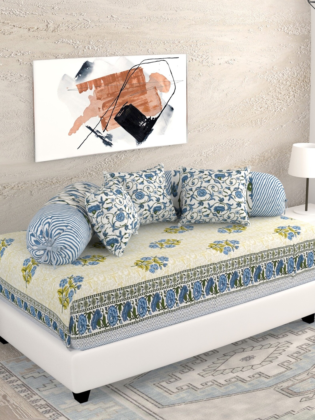 

Salona Bichona Jaipuri Blue & Beige 6 Pieces Floral Printed Pure Cotton Diwan Set