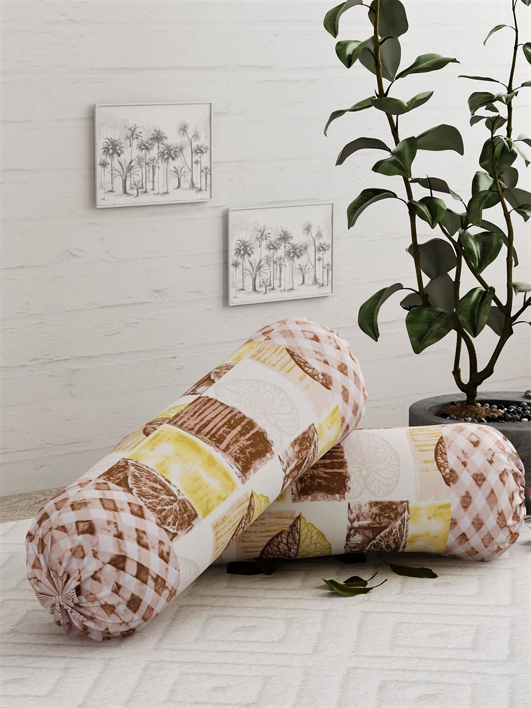 

Salona Bichona Exotica White & Yellow 2Pcs Geometric Pure Cotton 104 TC Bolster Covers