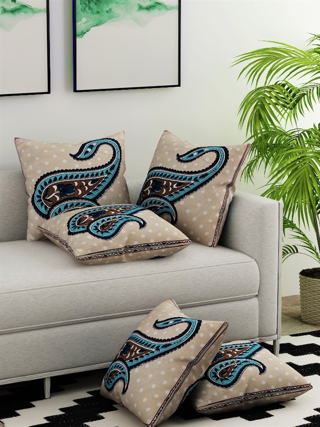 

Salona Bichona Jaipuri Beige & Blue 5 Pcs Ethnic Motifs Printed Cotton Cushion Covers