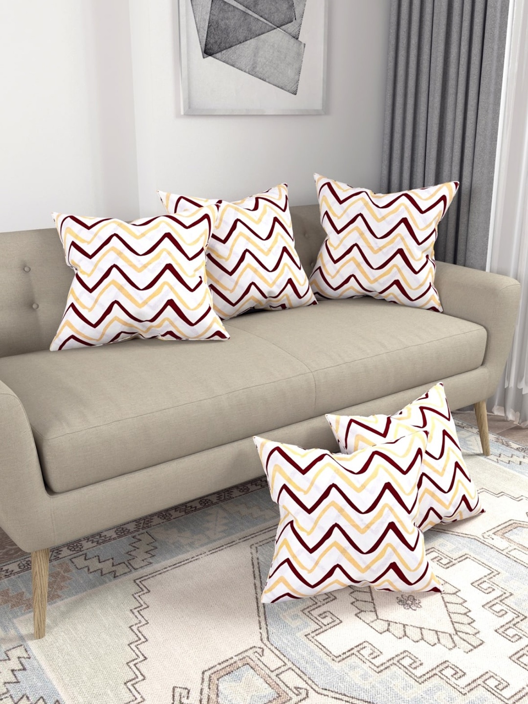 

Salona Bichona Exotica White & Maroon 5 Pcs Striped Pure Cotton Square Cushion Covers