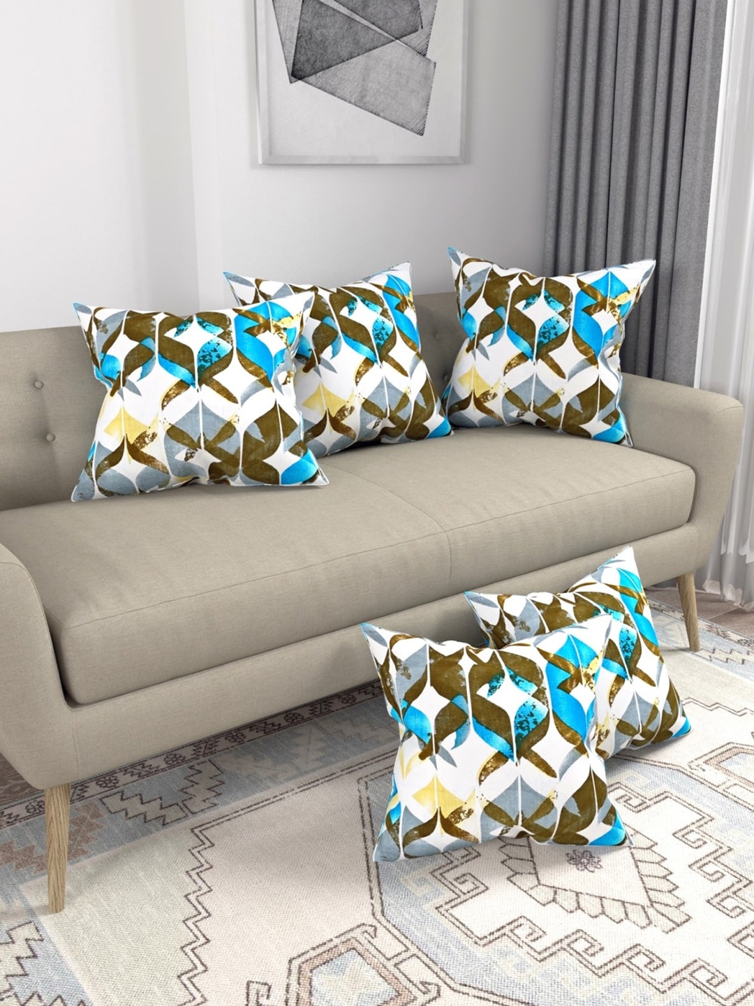 

Salona Bichona Exotica Turquoise Blue & Green 5 Pcs Geometric Pure Cotton Cushion Covers