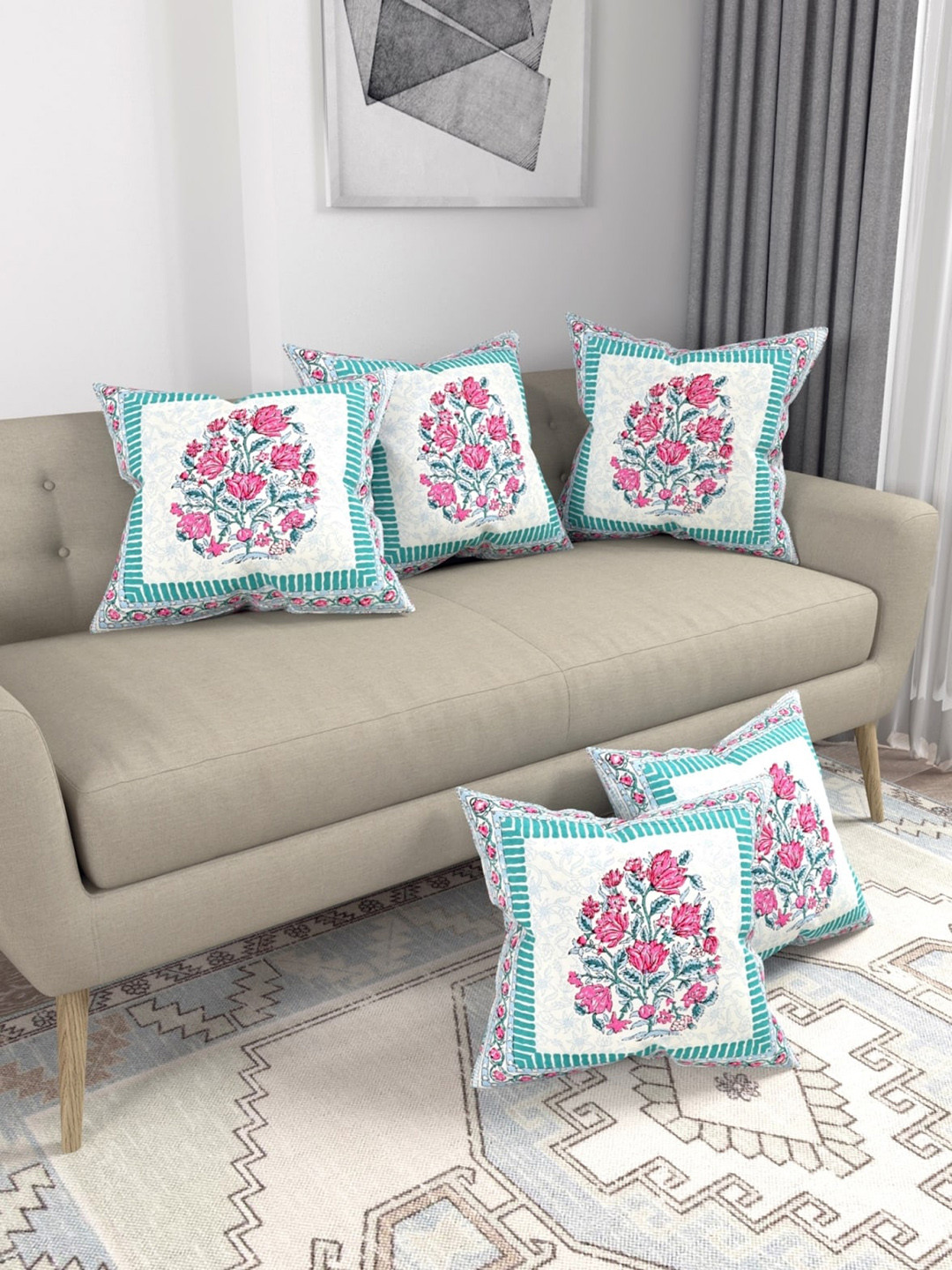 

Salona Bichona Jaipuri White & Turquoise Blue 5 Pcs Floral Pure Cotton Cushion Covers