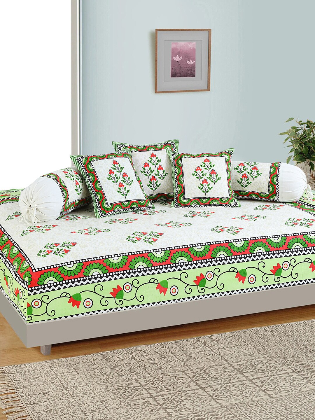 

Salona Bichona White & Green 6 Pieces Floral Printed 120 TC Cotton Diwan Set