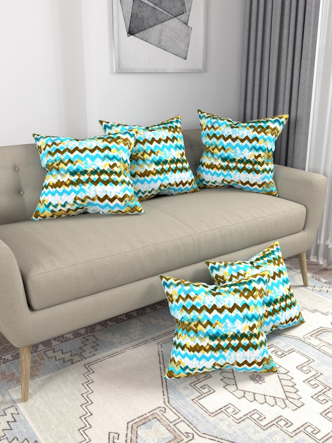 

Salona Bichona Exotica Set of 5 Zig Zag Printed Square Cushion Covers, White