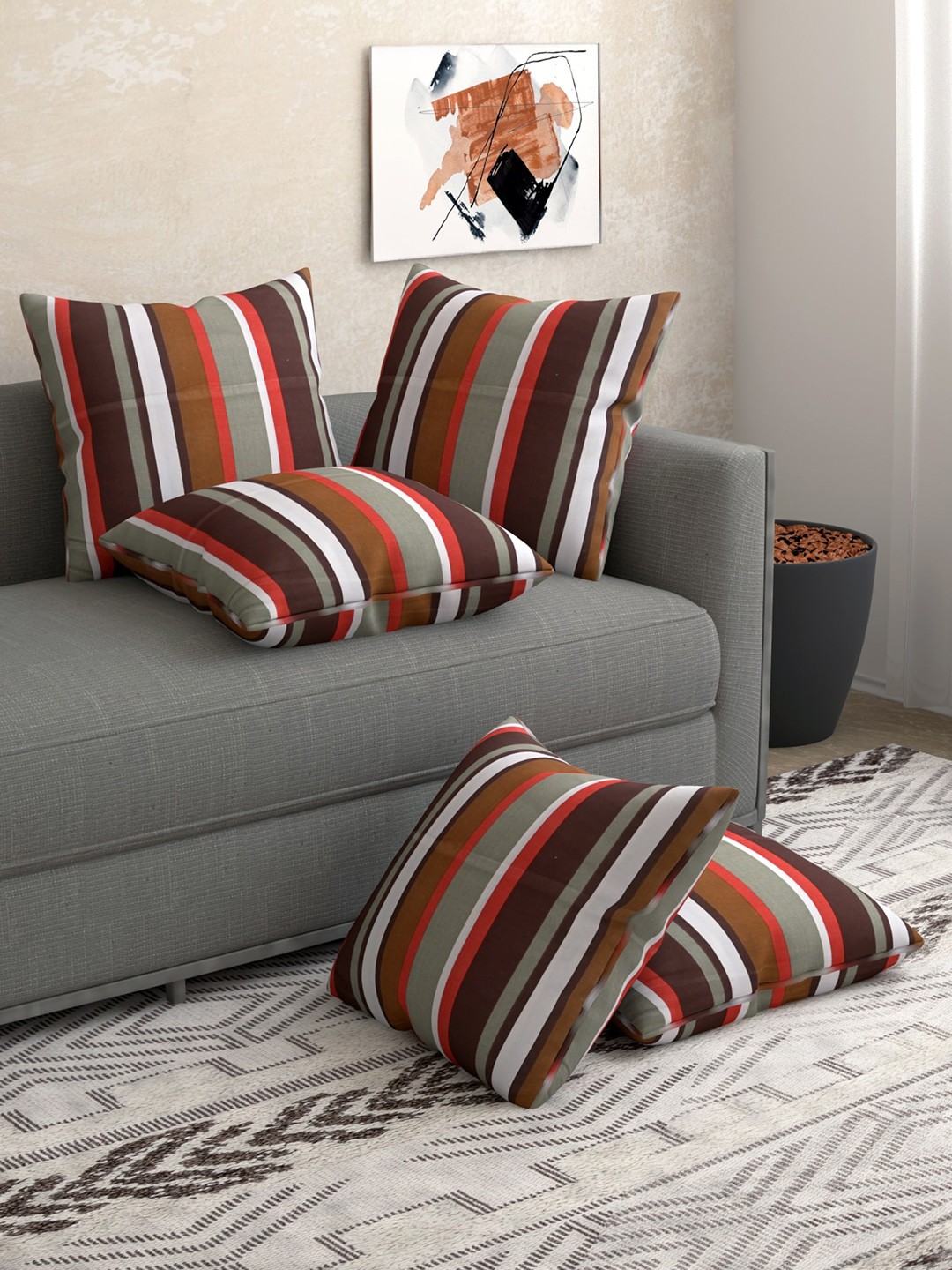

Salona Bichona Austere Grey & Red 5 Pcs Striped Pure Cotton Cushion Covers