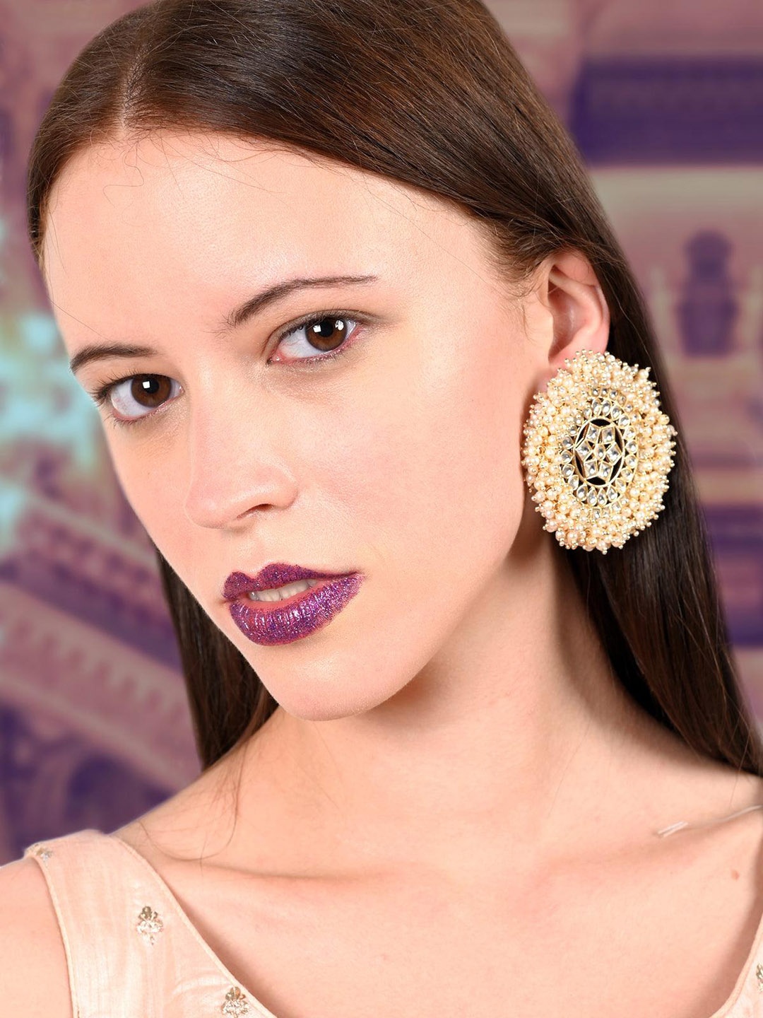 

ODETTE Gold-Plated kundan Circular Drop Earrings