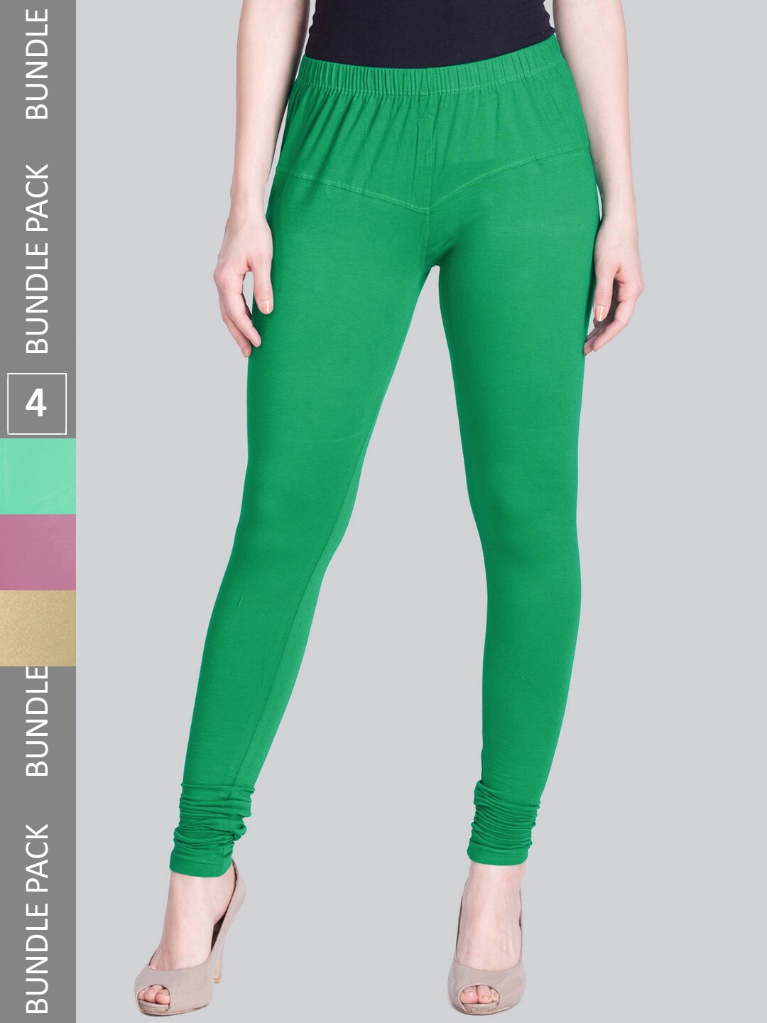

LYRA Women Pack Of 4 Churidar-Length Cotton Lycra Leggings, Green