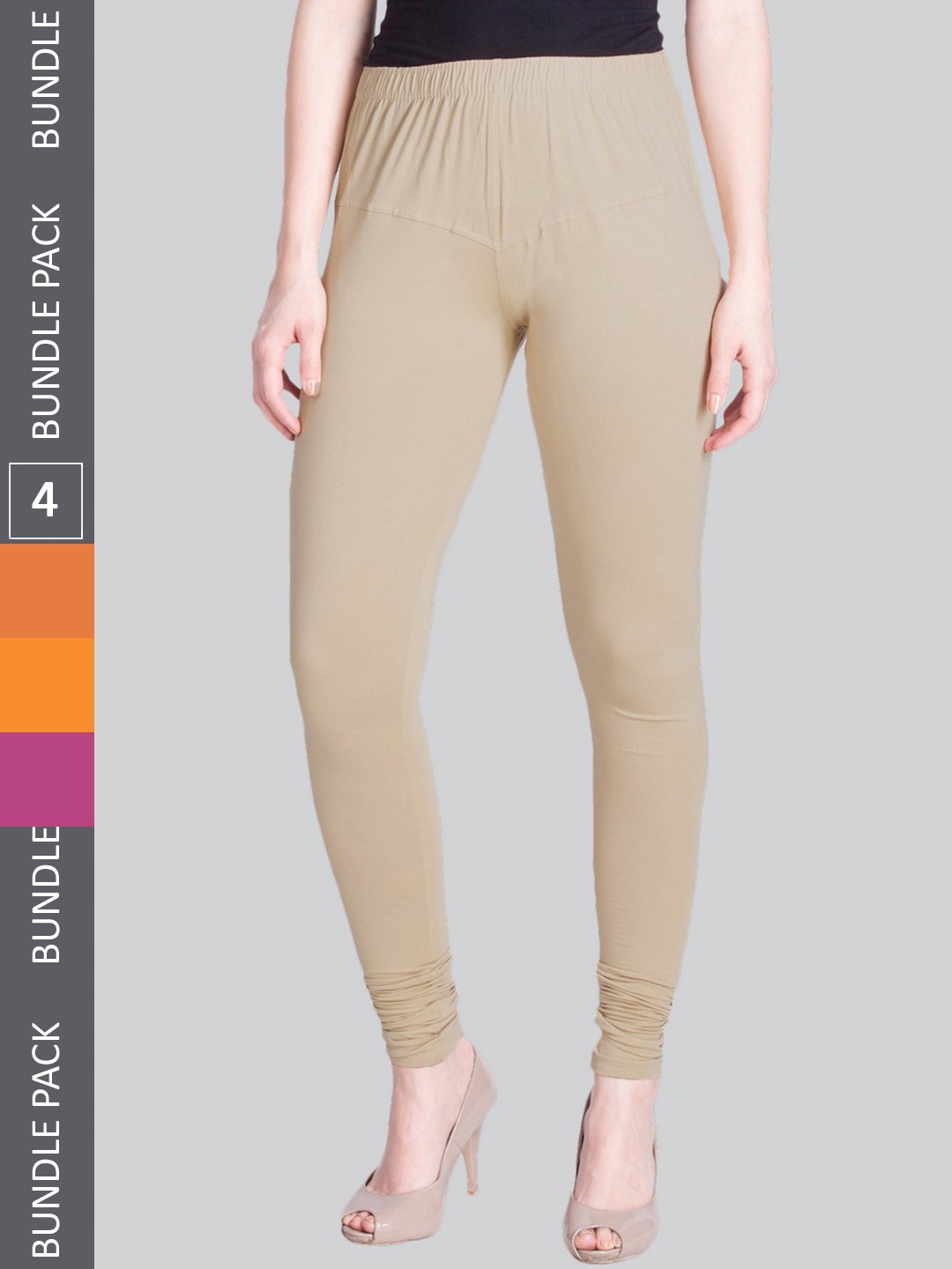 

LYRA Women Pack Of 4 Churidar-Length Cotton Lycra Leggings, Beige