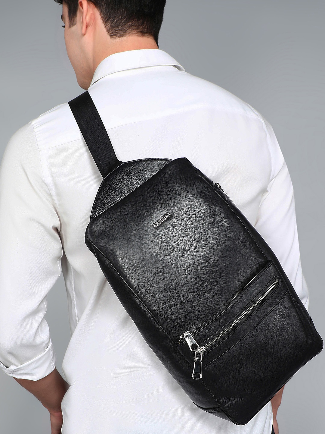 

Sassora Leather Backpack with Compression Straps, Black