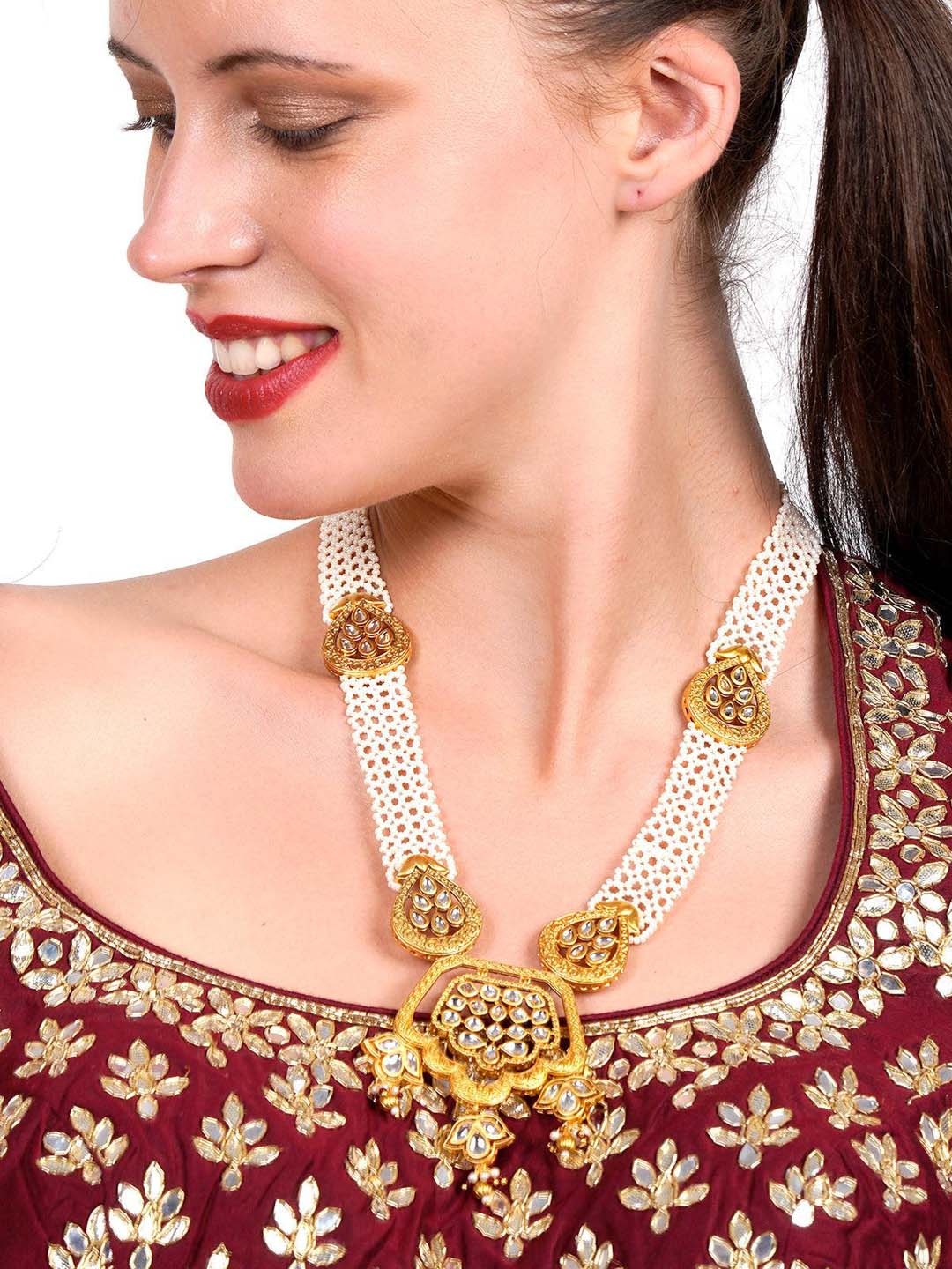 

ODETTE Gold-Plated Kundan-Studded & Pearl Beaded Jewellery Set, White