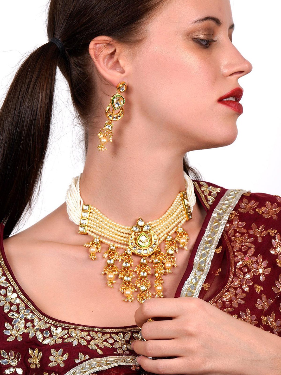 

ODETTE Gold-Plated kundan Studded & Pearls Beaded Jewellery Set, White