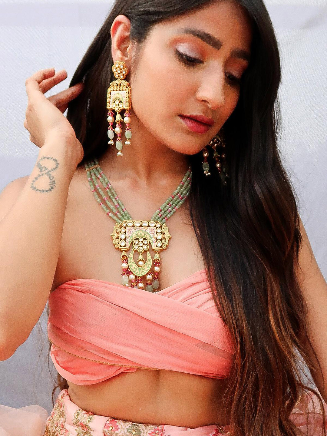 

ODETTE Gold-Plated Kundan-Studded & Pearl Beaded Jewellery Set, Green