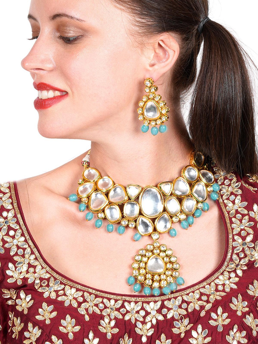 

ODETTE Gold-Plated Kundan-Studded & Pearl Beaded Jewellery Set, Turquoise blue