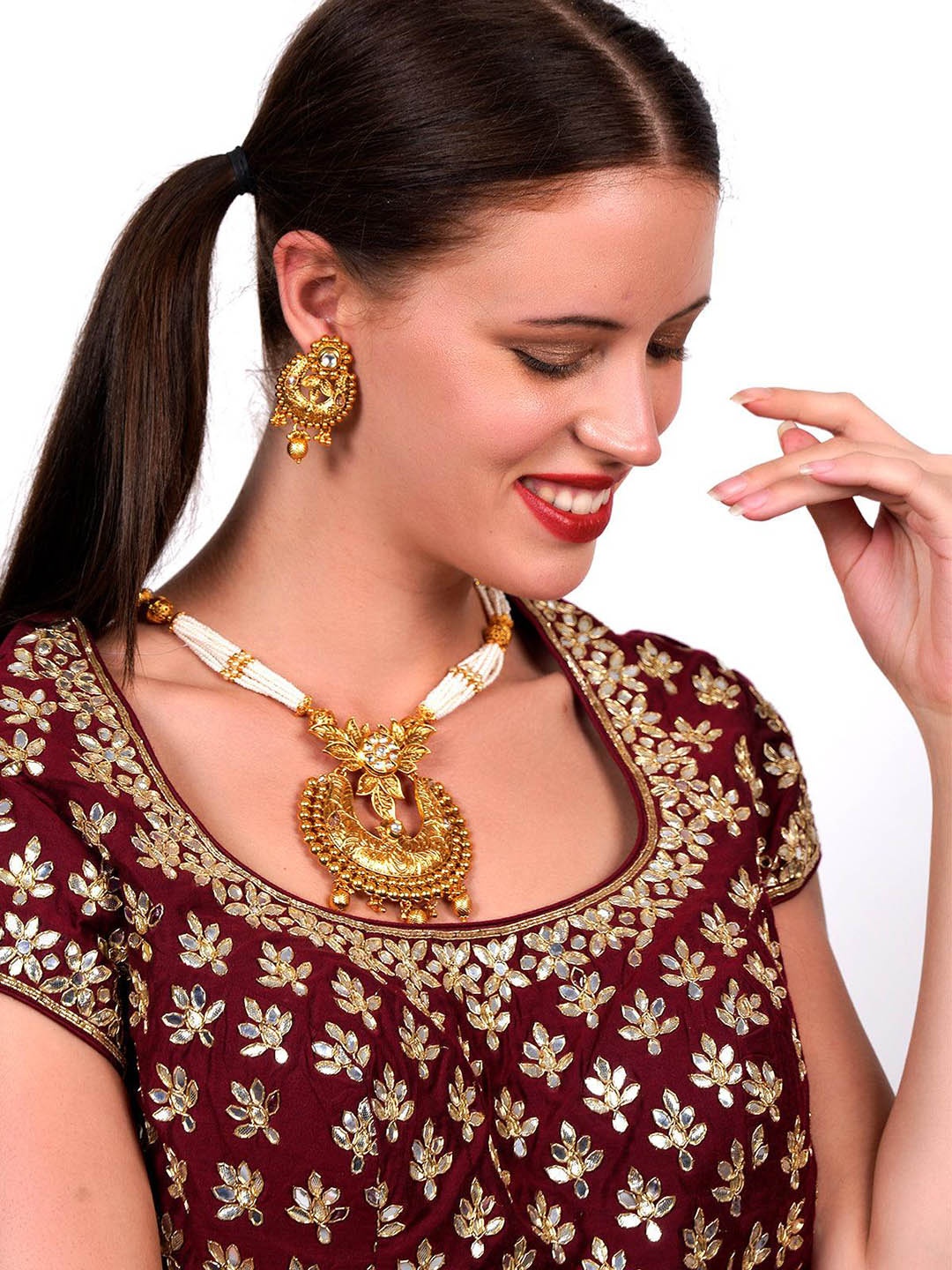 

ODETTE Gold-Plated Kundan-Studded & Beaded Antique Jewellery Set, White