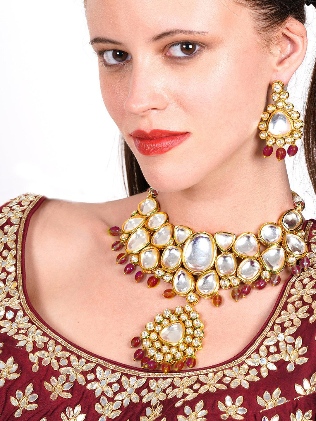 

ODETTE Gold-Plated kundan Studded & Pearls Beaded Jewellery Set, White