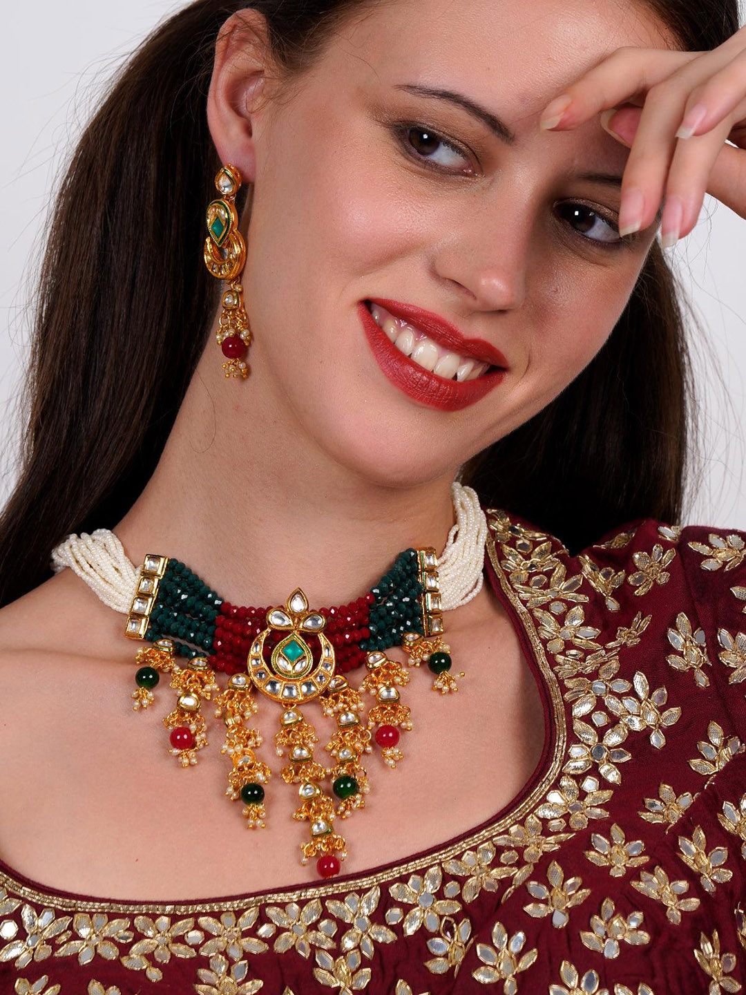 

ODETTE Gold-Plated kundan Studded & Pearls Beaded Jewellery Set, White