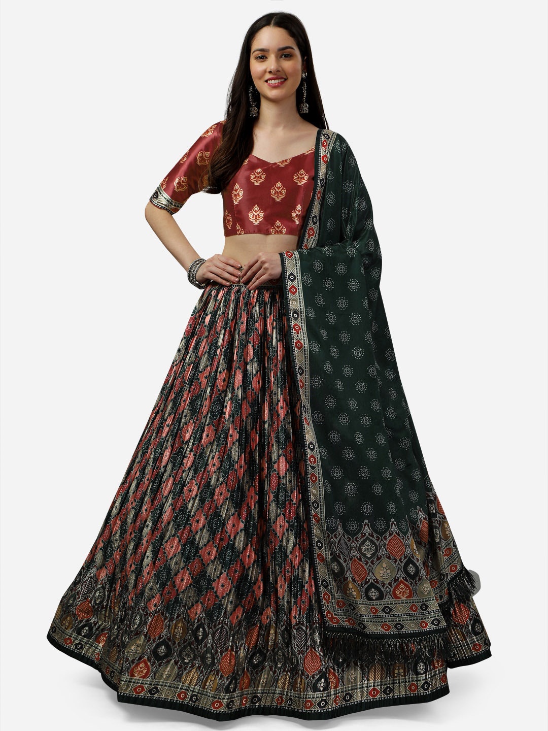 

Fashion Basket Printed Semi-Stitched Lehenga & Unstitched Blouse With Dupatta, Green