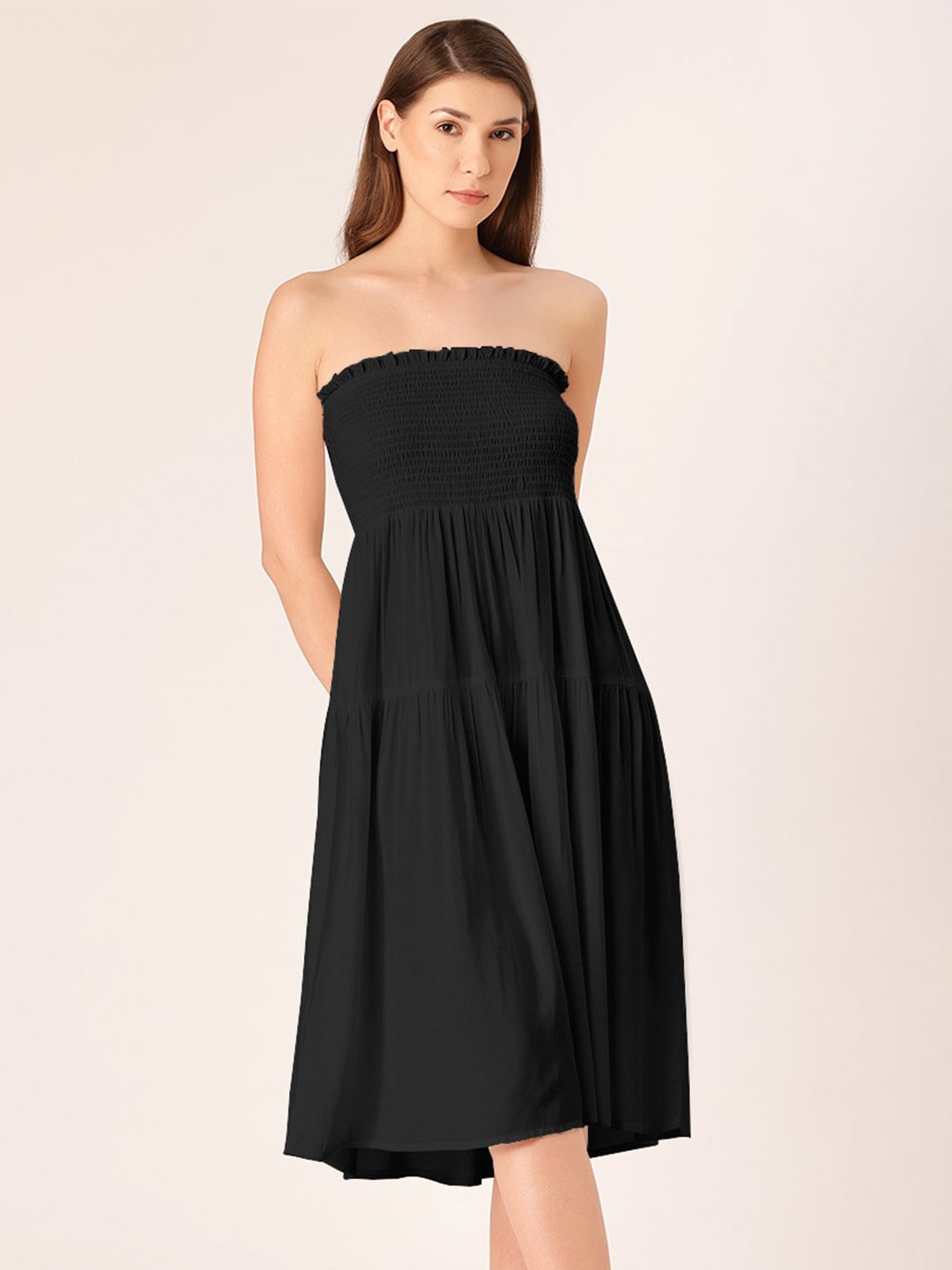 

DressBerry Strapless Smocked Midi Dress, Black