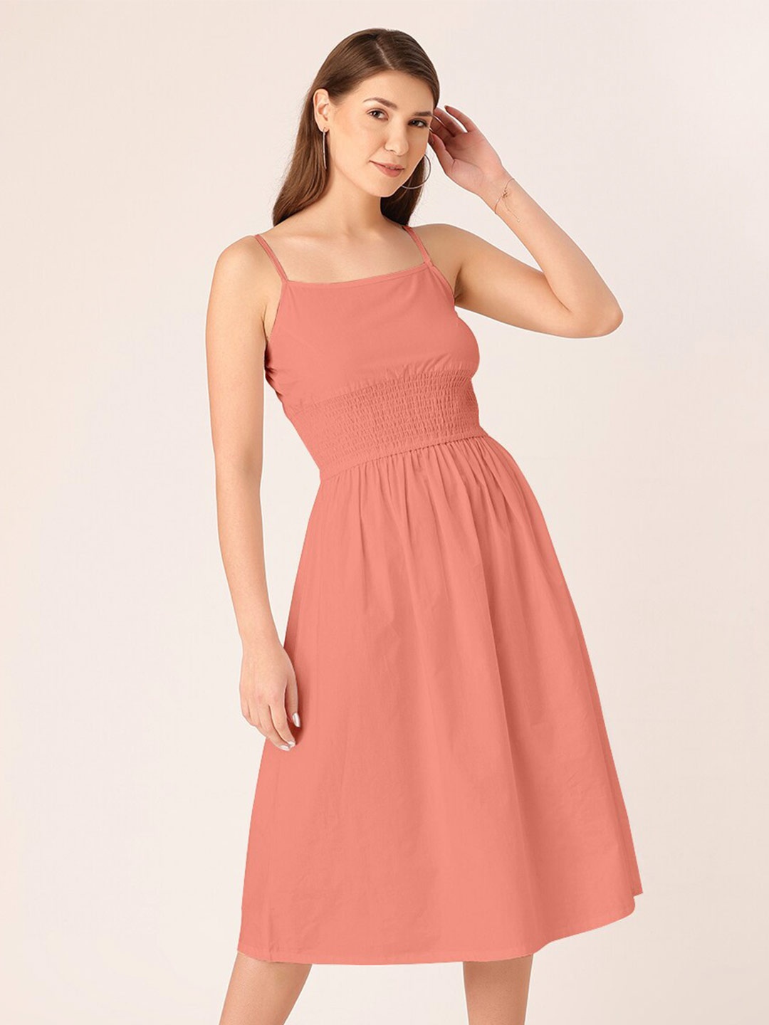 

DressBerry Shoulder Straps Smocked Cotton Midi Dress, Coral