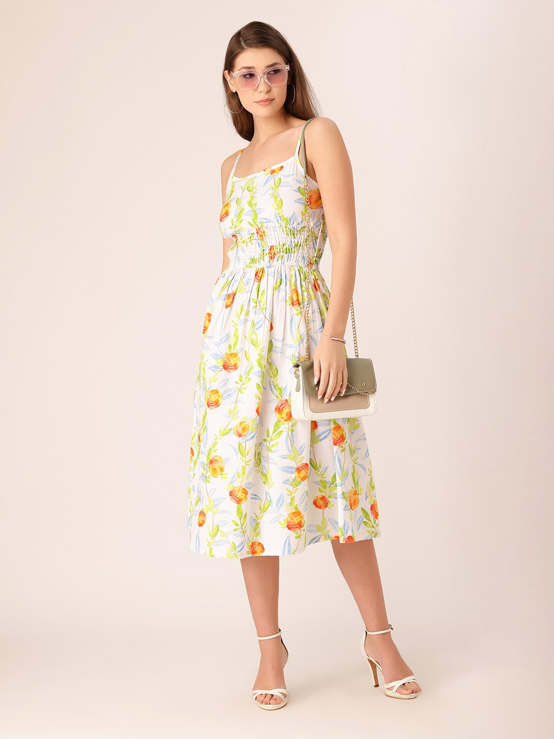 

DressBerry Floral Printed Shoulder Straps Smocked Cotton Midi Dress, White