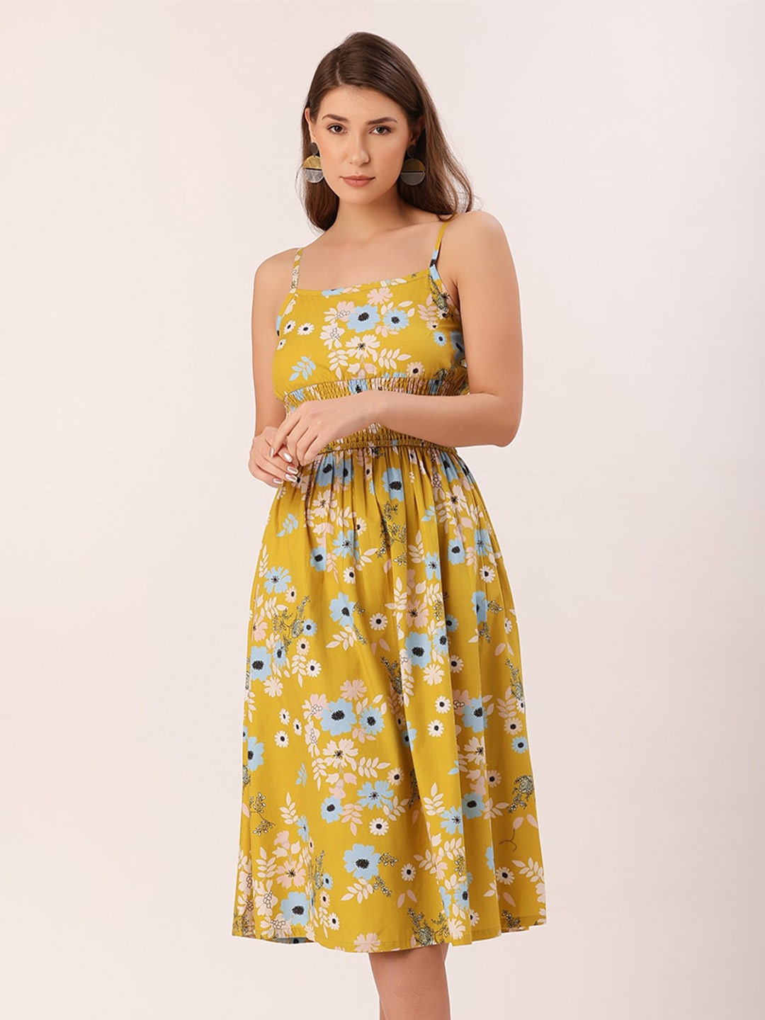 

DressBerry Floral Printed Shoulder Straps Cotton Midi Dress, Mustard