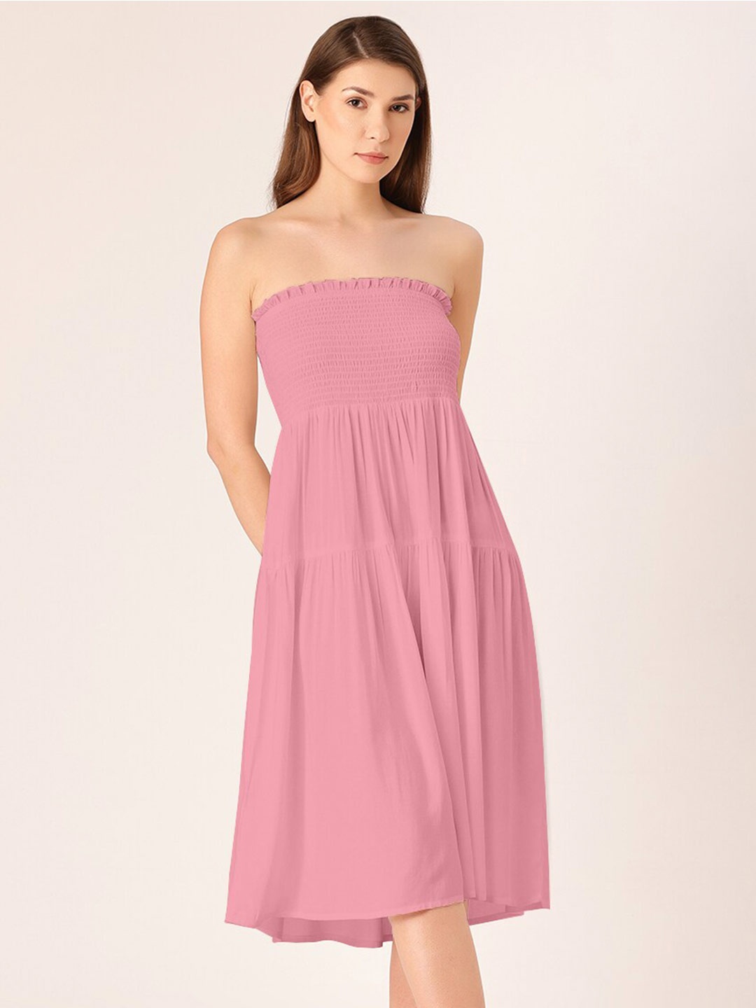 

DressBerry Smocked Detailed Strapless A Line Midi Dress, Pink