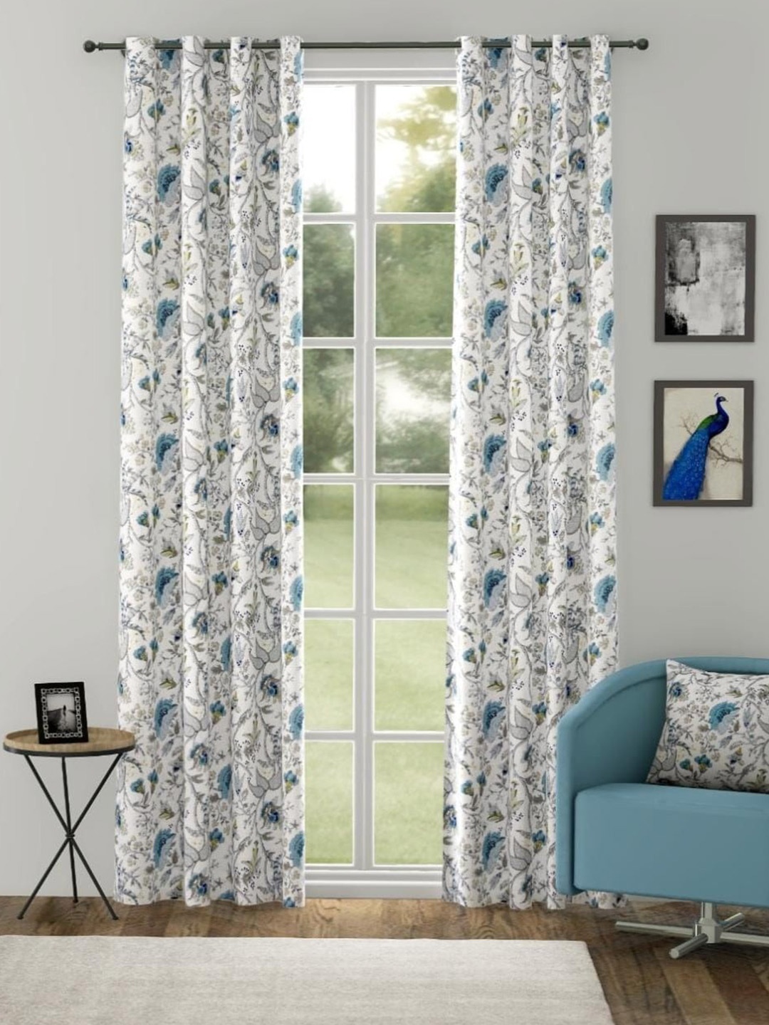 

Trance Home Linen Jaipuri White & Blue Set of 2 Floral Long Door Curtain