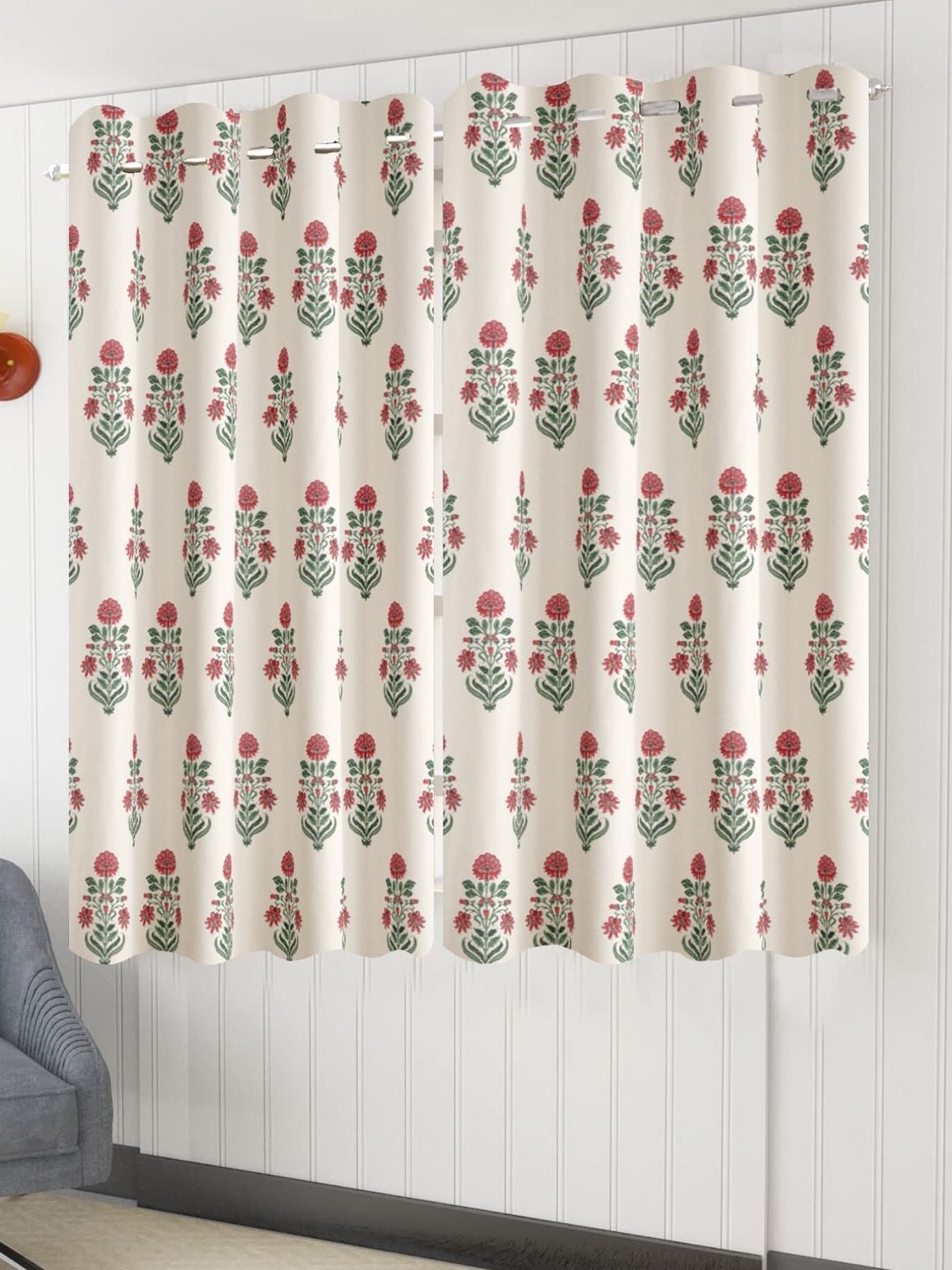 

Trance Home Linen Jaipuri White & Red 2 Pieces Floral Cotton Window Curtain