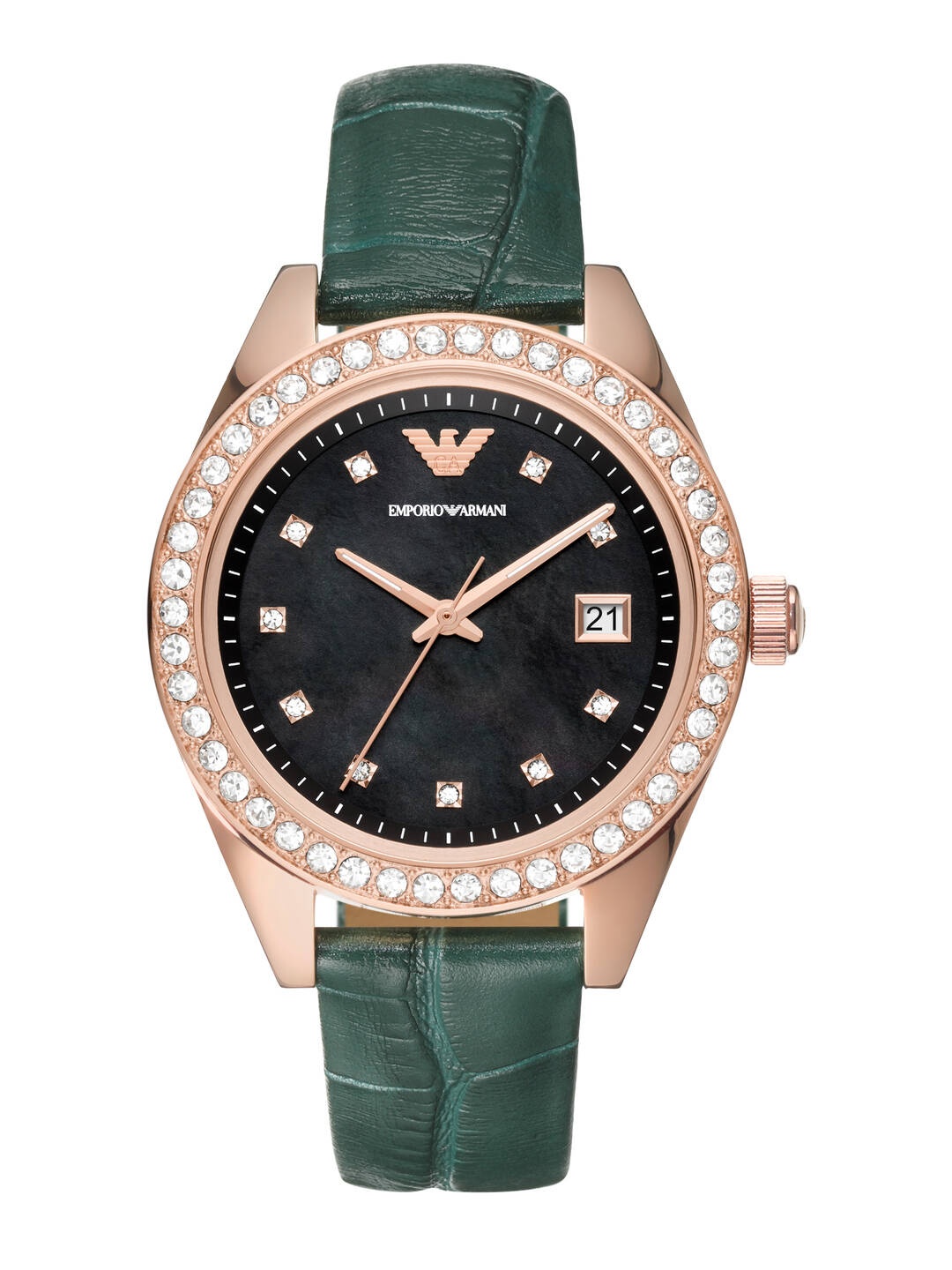 

Emporio Armani Women Embellished Dial & Leather Textured Straps Analogue Watch AR11506T, Black