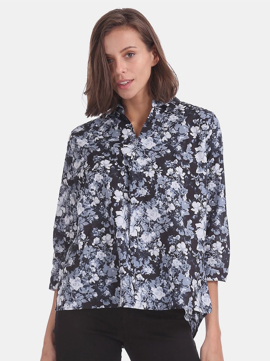 

V-Mart Floral Print Shirt Style Top, Black
