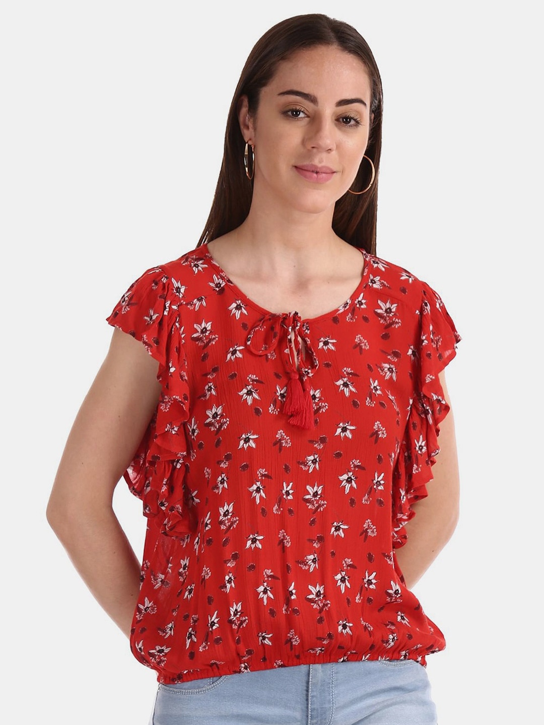 

V-Mart Floral Print Tie-Up Neck Ruffled Blouson Top, Red