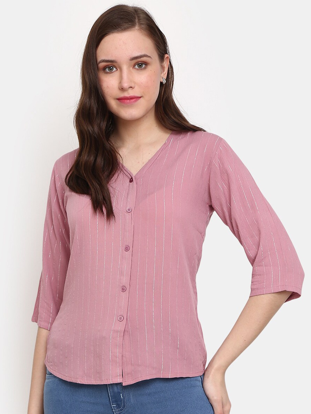 

V-Mart Striped V-Neck Shirt Style Top, Mauve