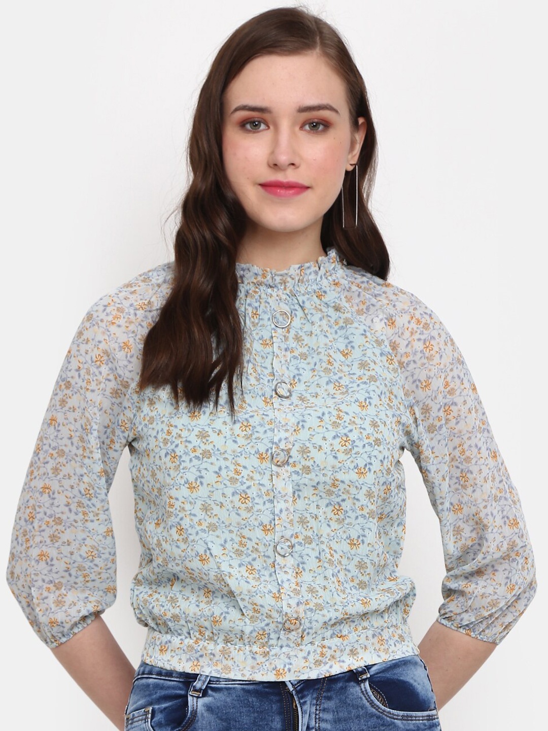 

V-Mart High Neck Floral Printed Georgette Crop Top, Green