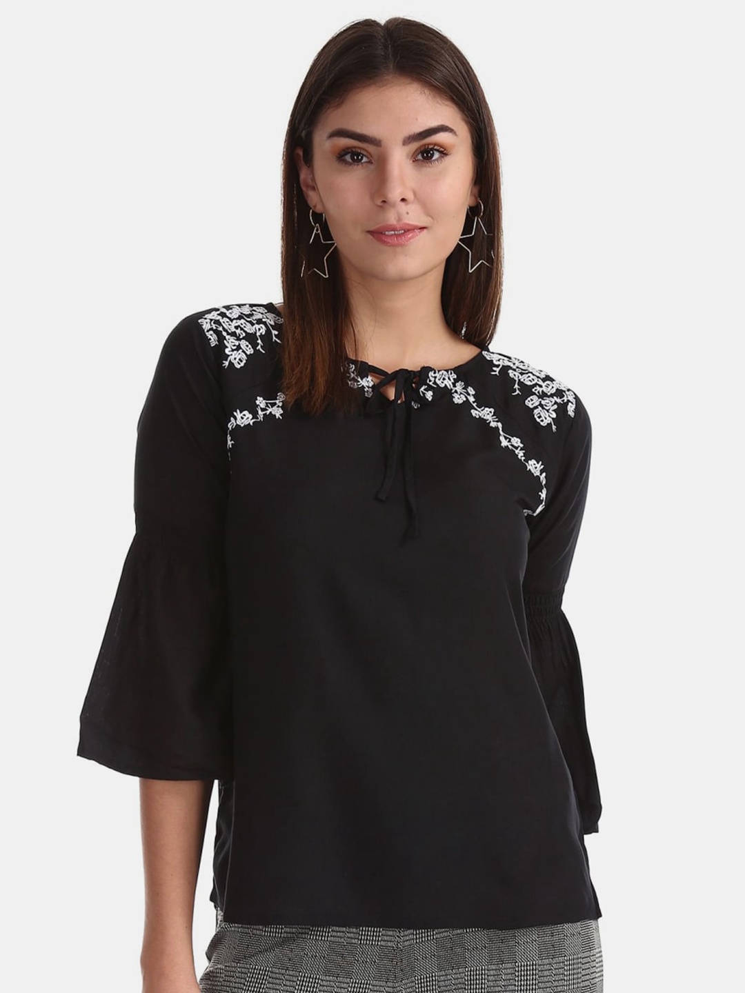 

V-Mart Tie-Up Neck Bell Sleeves Cotton Top, Black