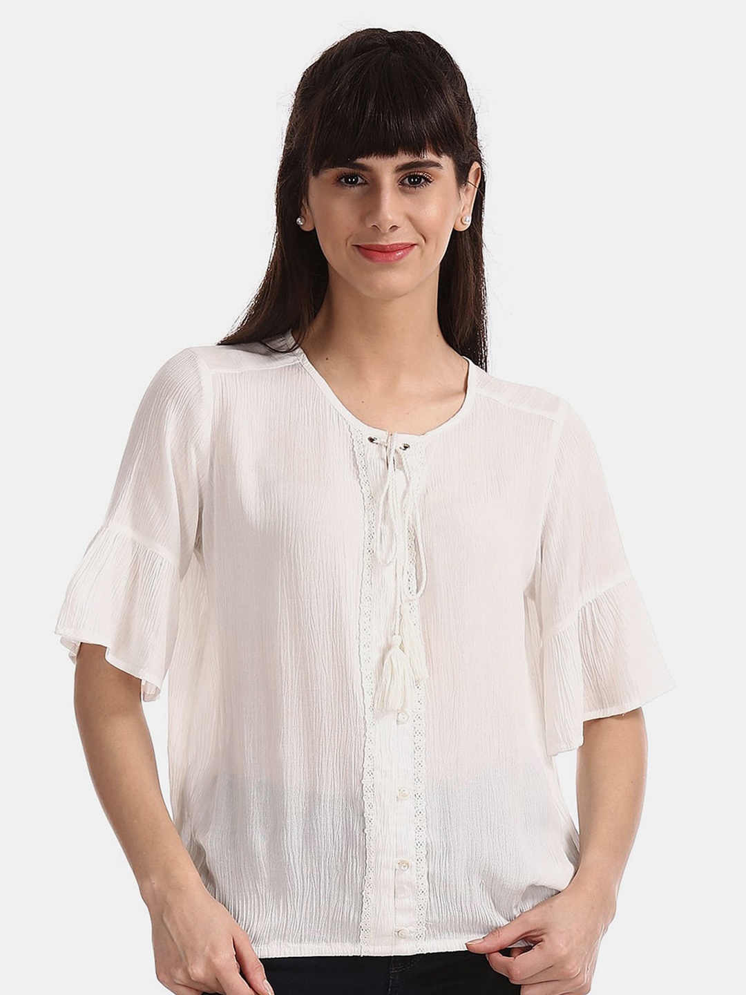 

V-Mart Bell Sleeves Lace Inserted Sheer Tie-Up Neck Top, White