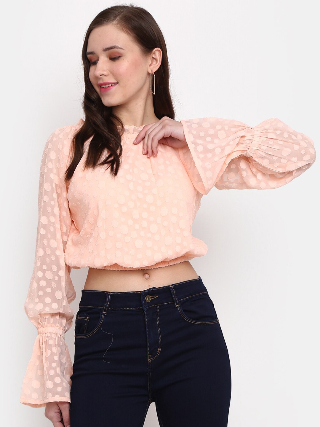 

V-Mart Self Design Bell Sleeves Blouson Crop Top, Peach