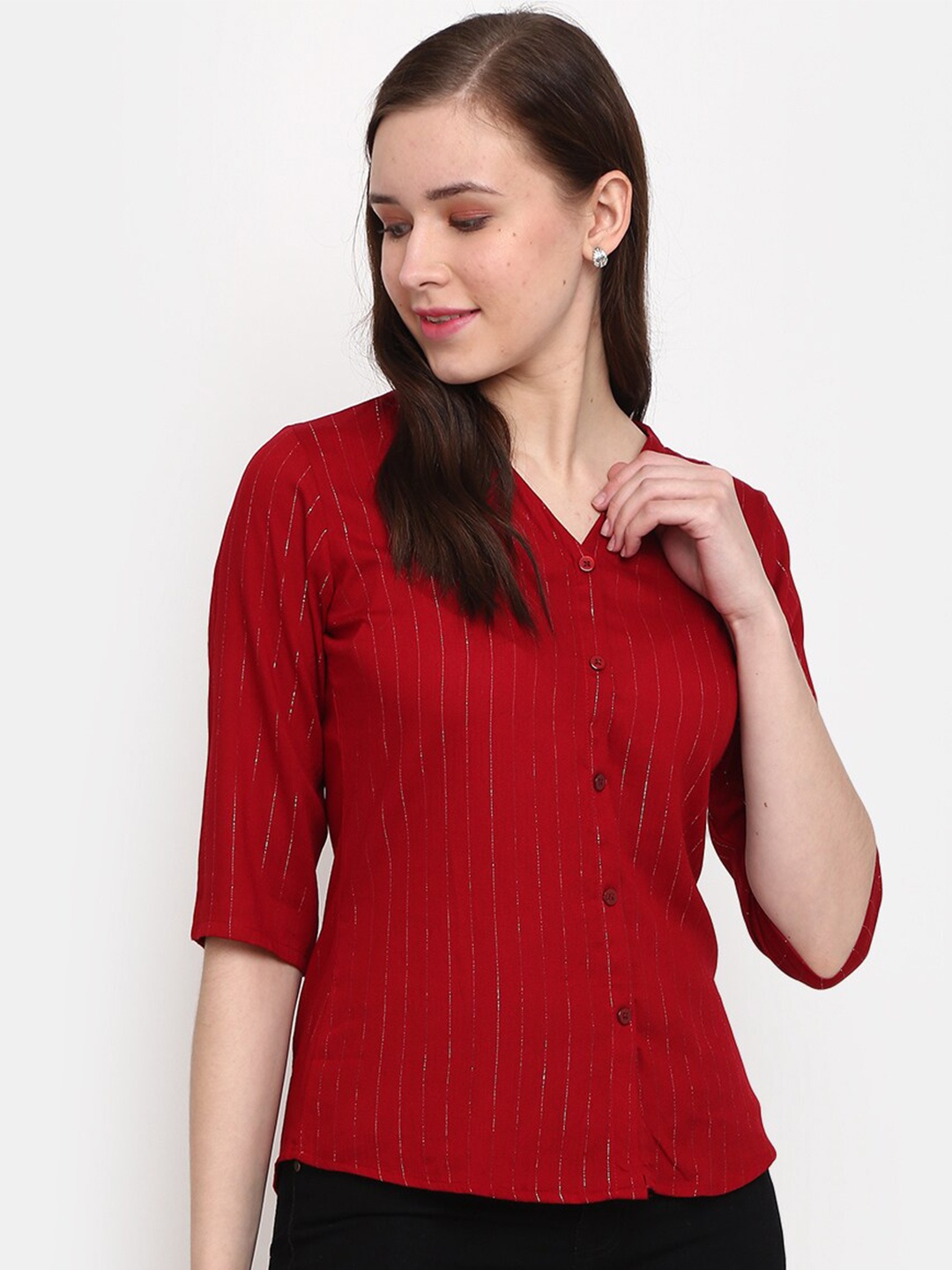 

V-Mart Vertical Striped Shirt Style Top, Maroon