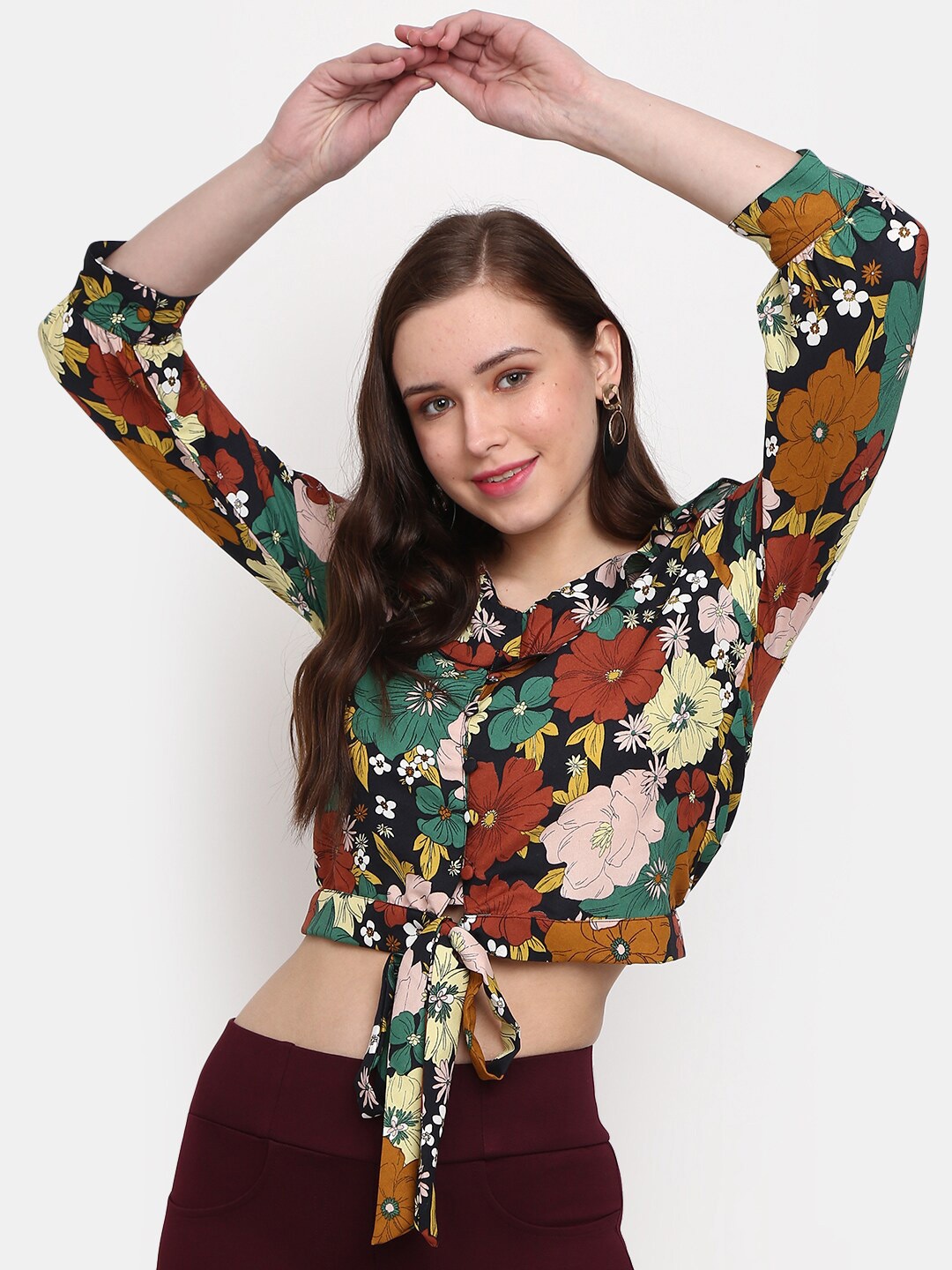 

V-Mart Cuffed Sleeves Ruffle Waist Tie-Up Floral Print Crop Cotton Top, Black