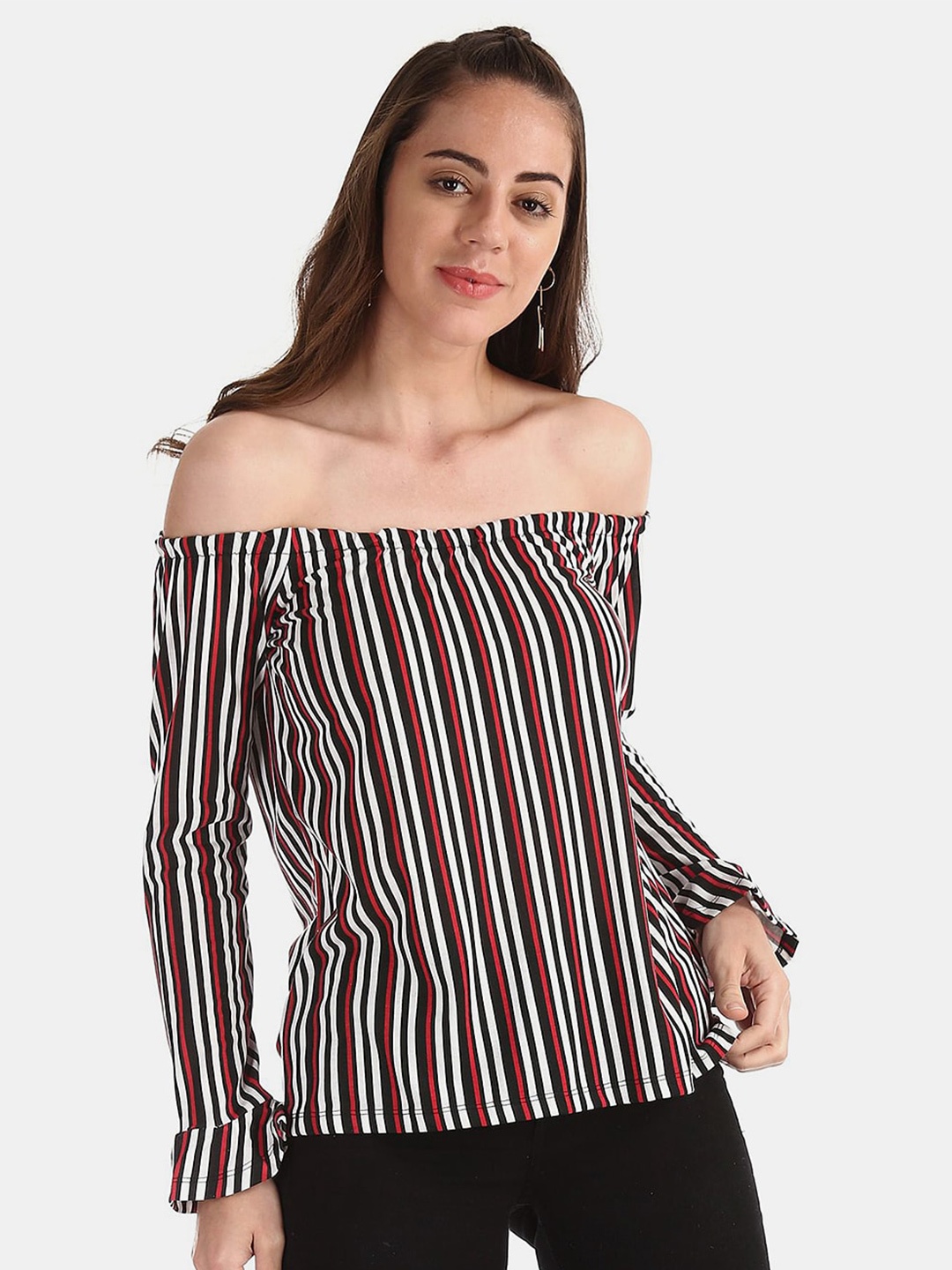 

V-Mart Long Sleeves Off-Shoulder Striped Bardot Cotton Top, Black