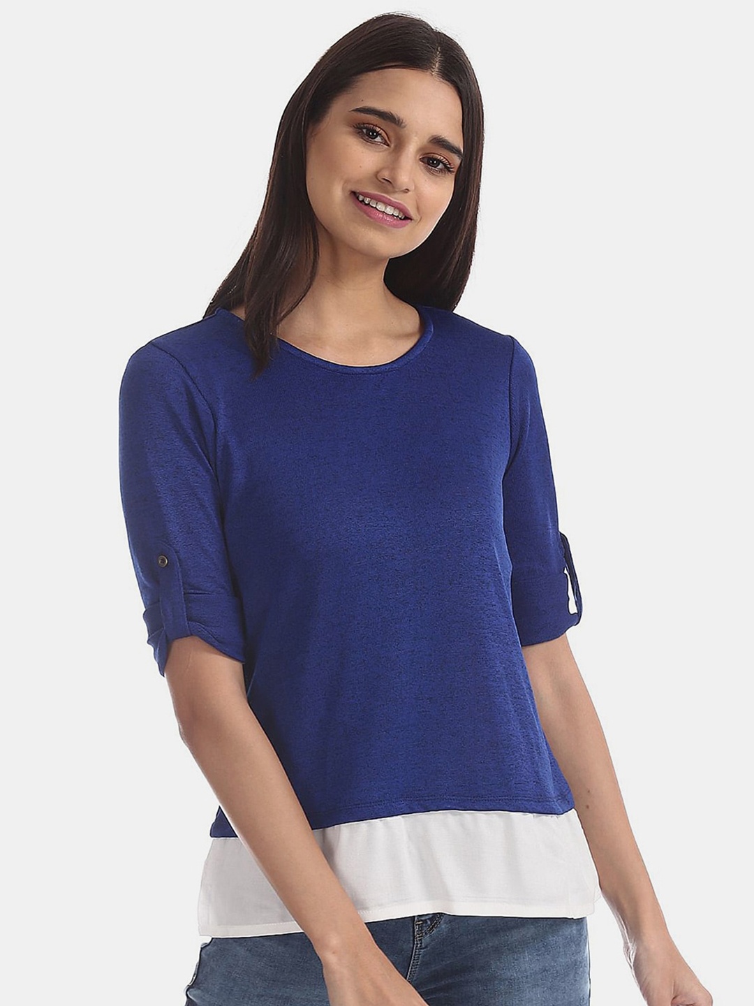 

V-Mart Colourblocked Roll-Up Sleeves Top, Blue