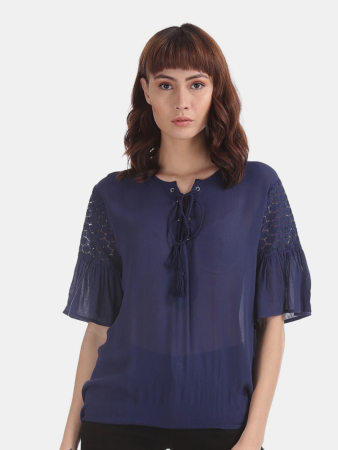 

V-Mart Tie-Up Neck Bell Sleeves Cotton Top, Blue
